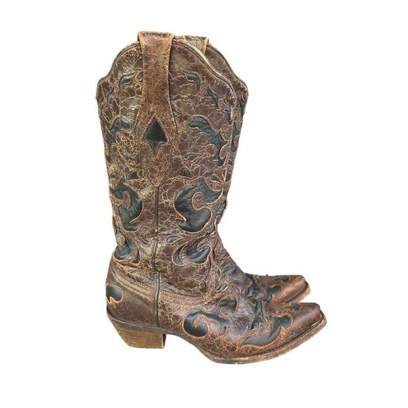 Corral Vintage Brown Goat Overlay Snip‎ Toe Cowboy Boots Womens Size 6.5m C1957 - Picture 3 of 10